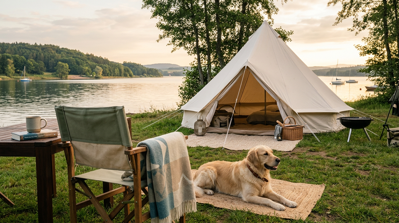 Hochwertige sommerliche Campszene am Brombachsee mit Hund im Vordergrund und ruhigem Wasser im Morgenlicht.